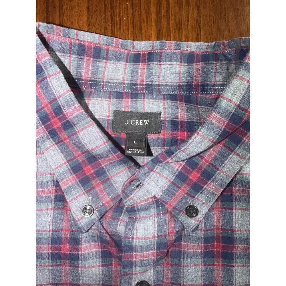 J.Crew Men's Brushed Cotton Grey Plaid Button-Up - Size L